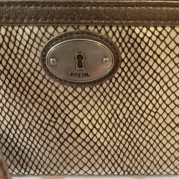 Fossil Wristlet Brown Metallic Faux Snake Cow Hide Leather Wallet Organizer - Picture 9 of 11